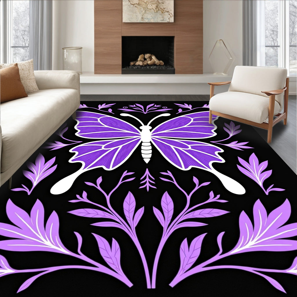 Purple Butterfly Floral Art Rug