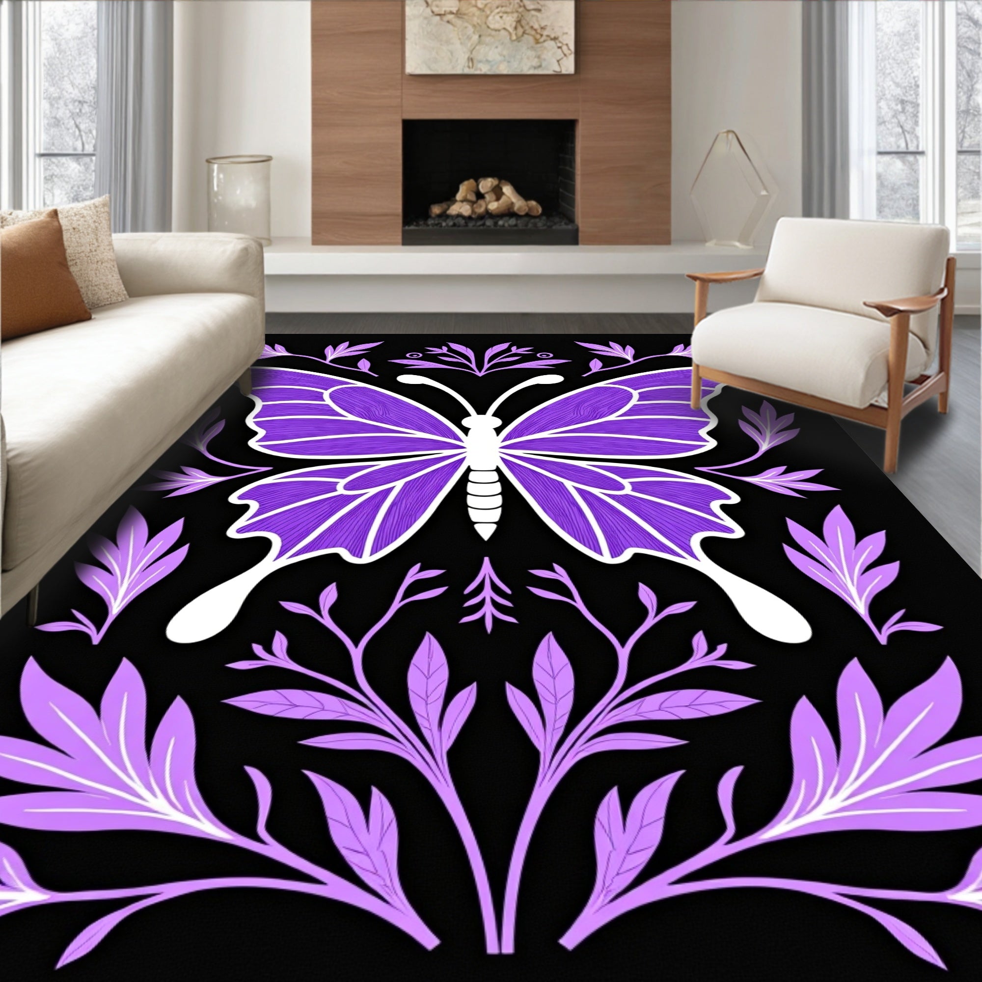 Purple Butterfly Floral Art Rug