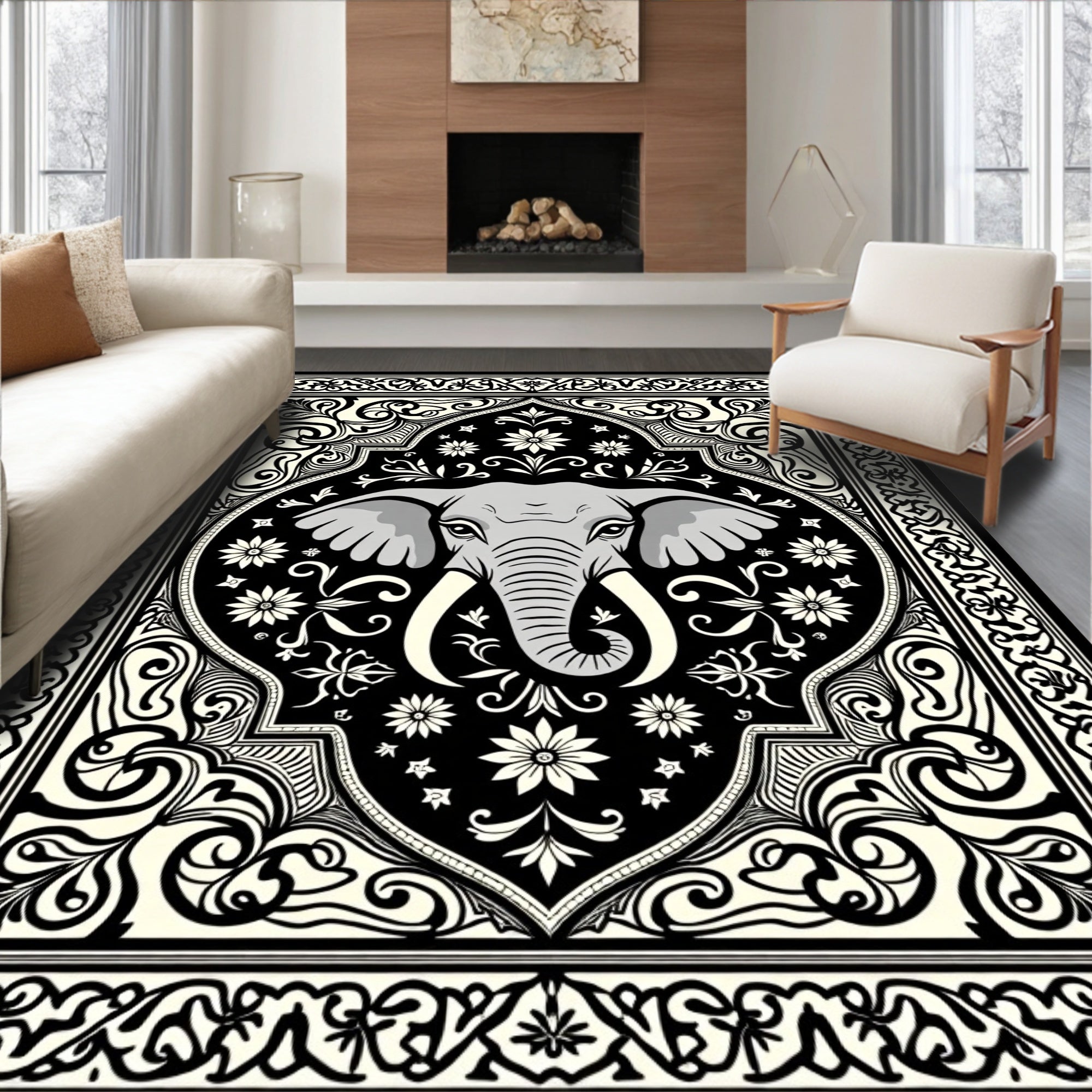 Bold Elephant Floral Medallion Tapestry Rug