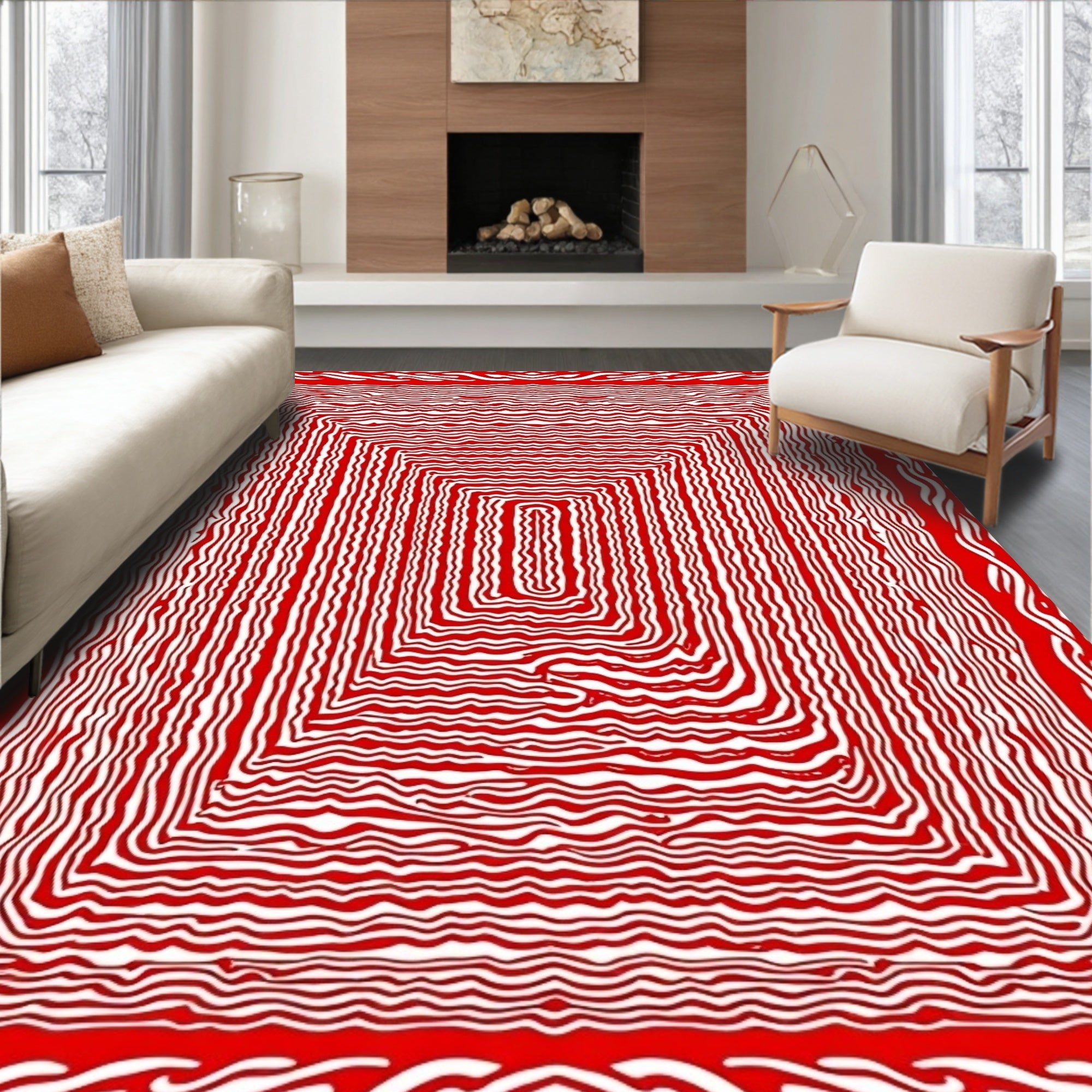 Bold Red Rectangular Waves Rug