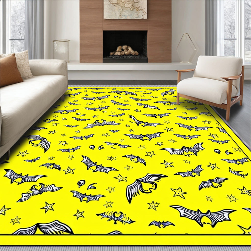 Whimsical Yellow Flying Bats Stars Rug