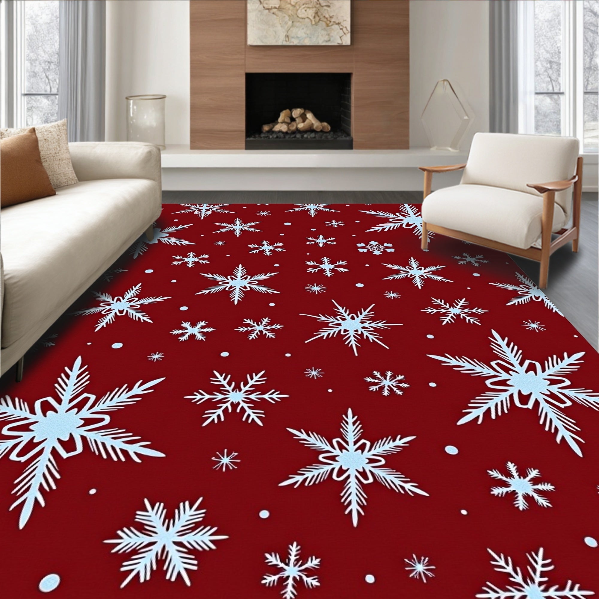 Winter Red Snowflake Cluster Rug