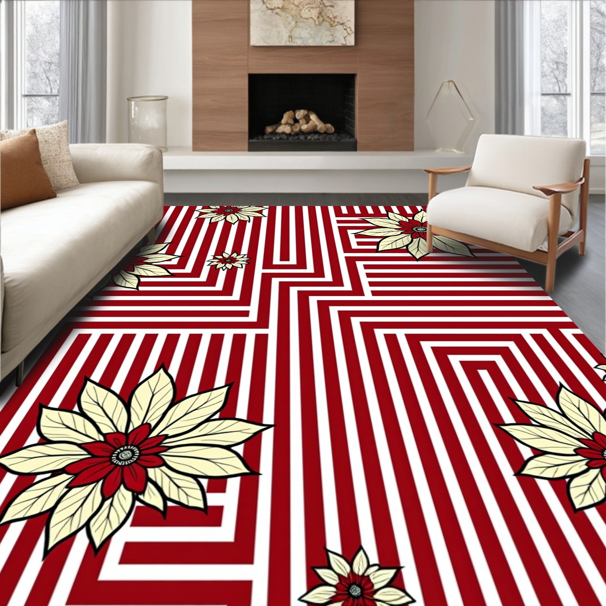 Crimson Cream Floral Geometric Rug