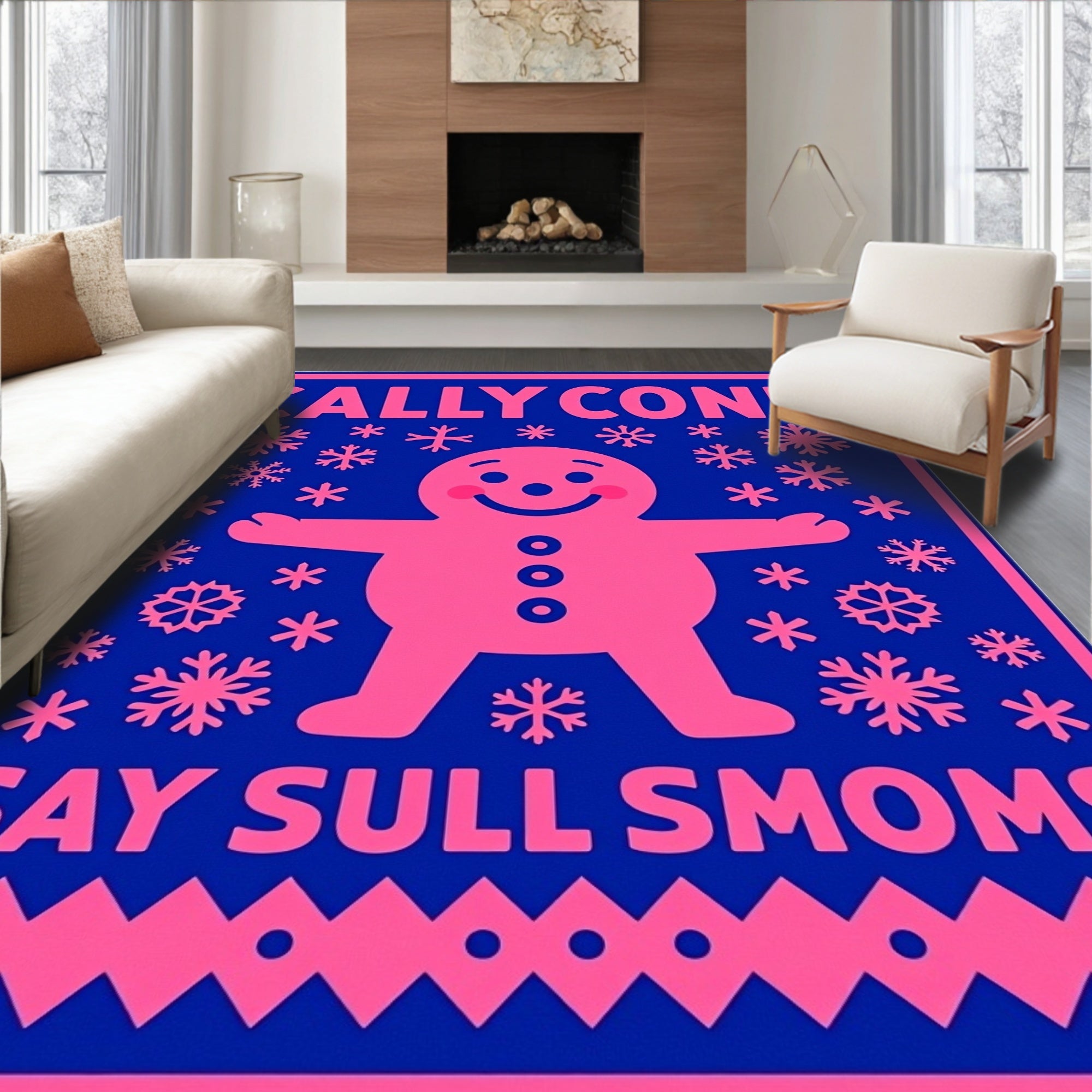 Pink Gingerbread Man Snowflakes Rug