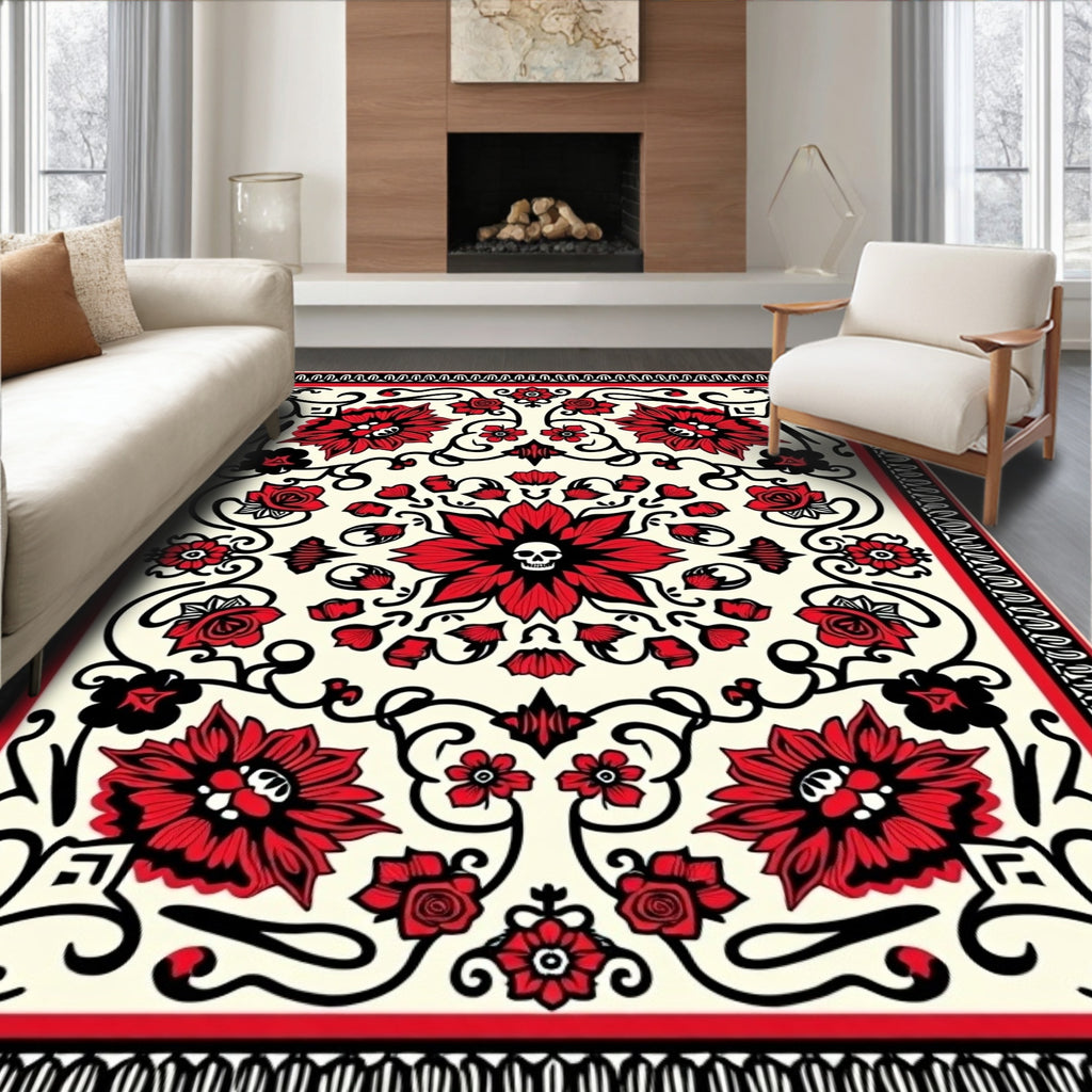 Red Floral Skull Medallion Cream Rug