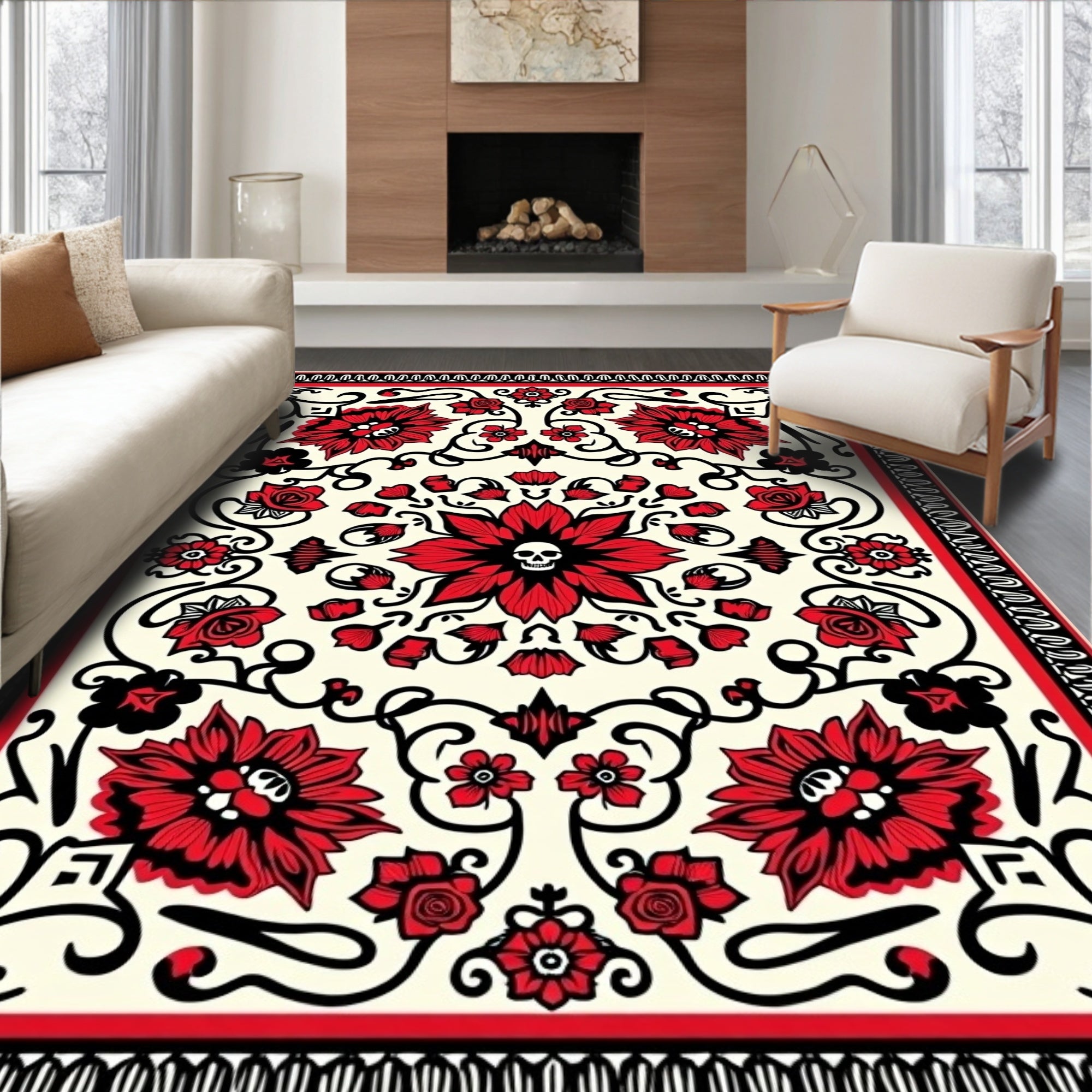 Red Floral Skull Medallion Cream Rug