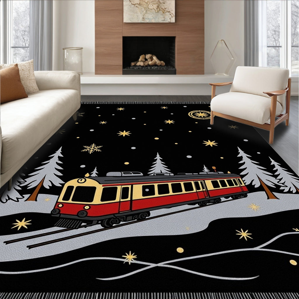 Vintage Red Train Snowy Night Rug