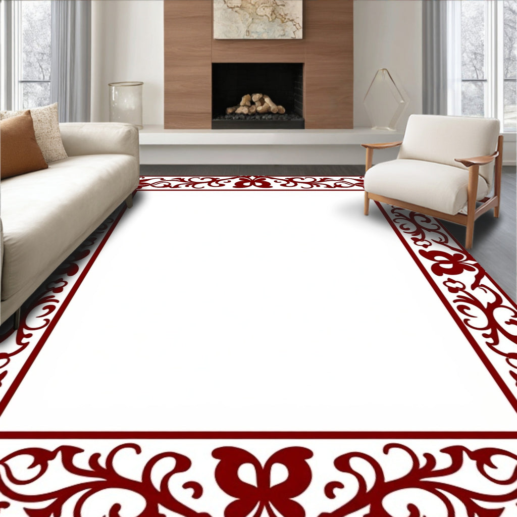 Rich Burgundy Floral Vine Border Rug