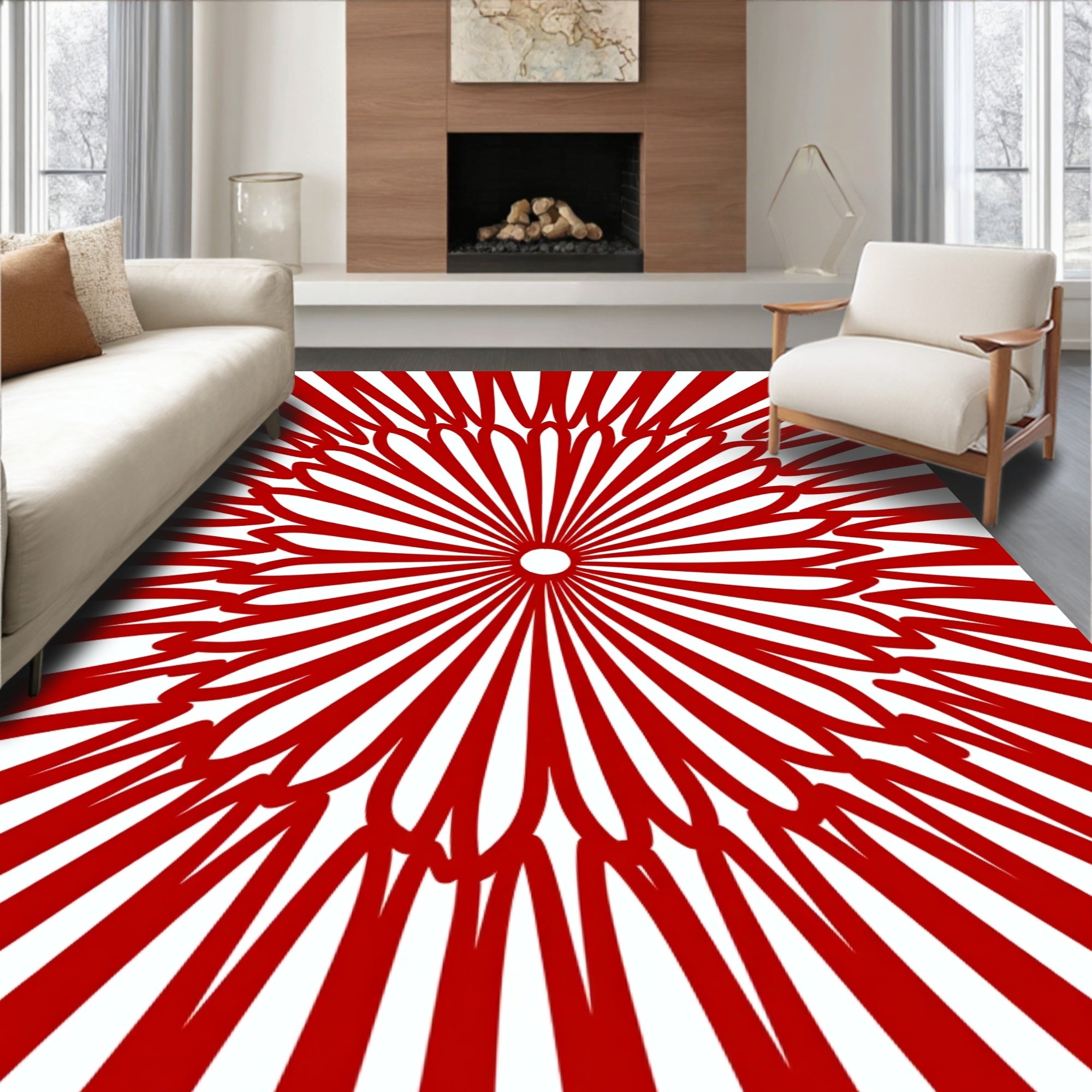 Radiant Red Lotus Sunburst Rug