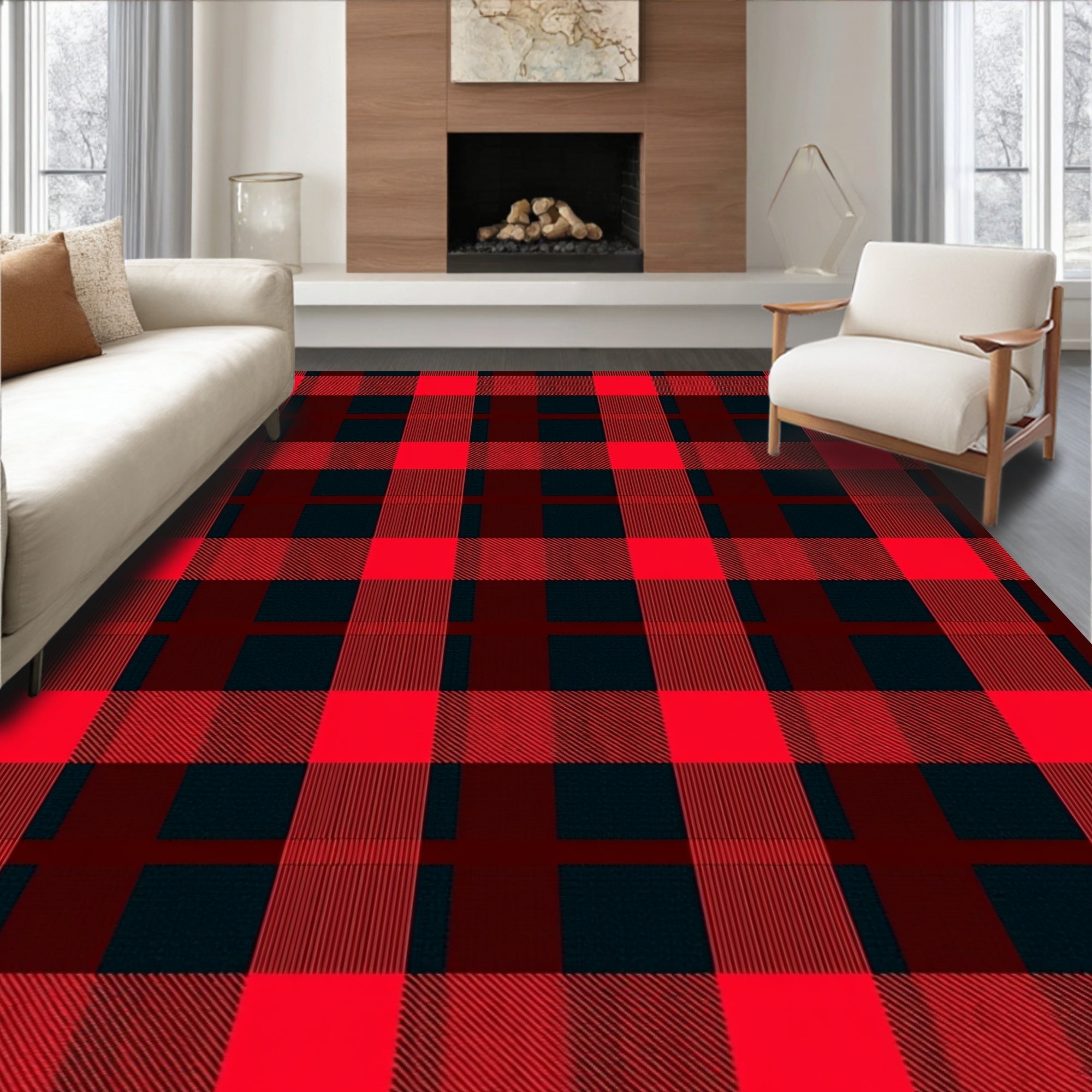 Classic Red Black Plaid Square Rug
