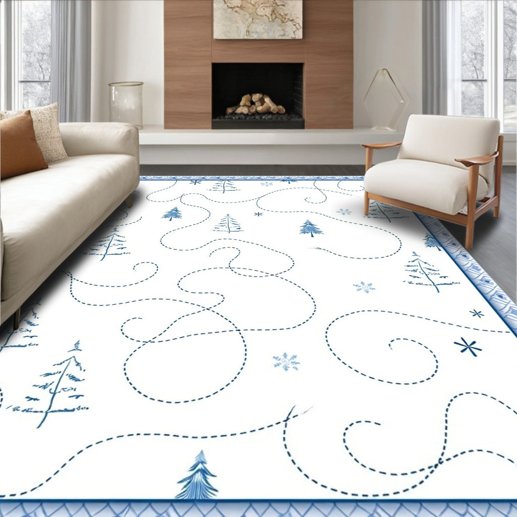 Blue Winter Trail Pine Tree Snowflakes Rug