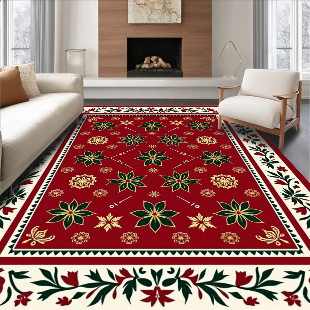 Red Green Gold Floral Medallion Border Rug
