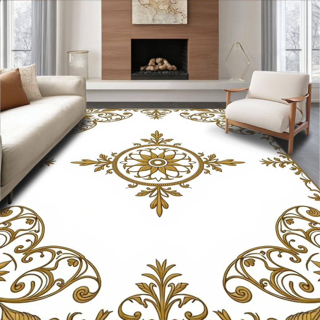 Ornate Gold Floral Medallion Emblem Rug