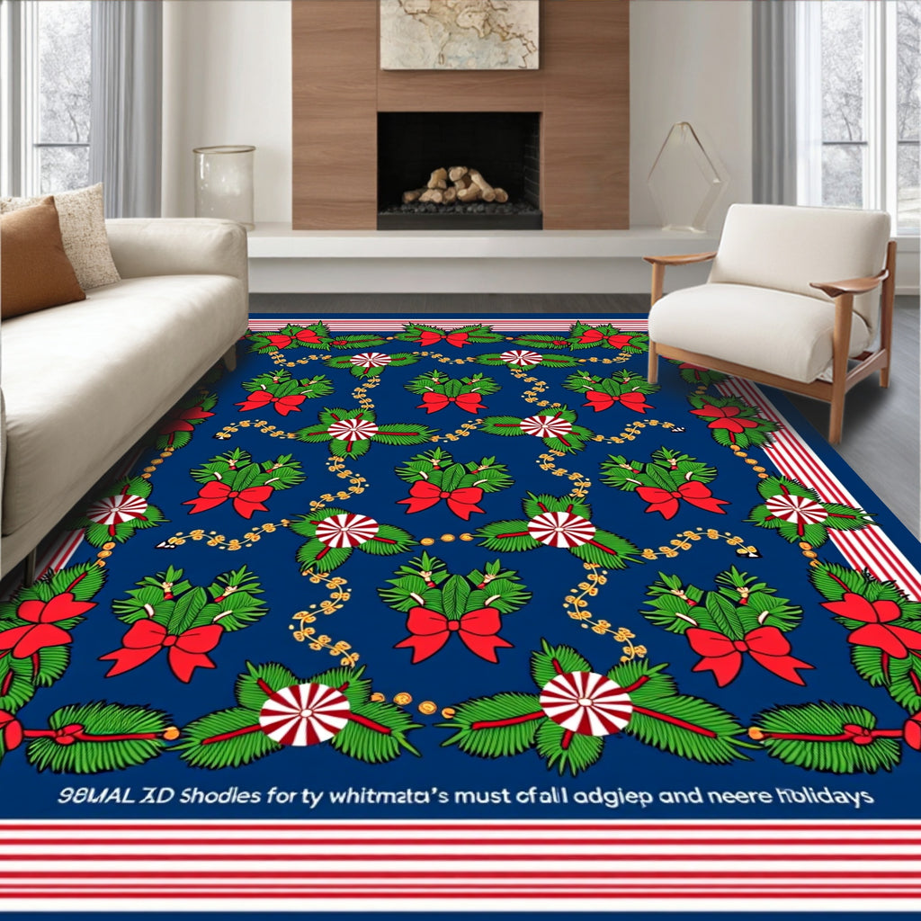 Festive Red Bow Green Pine Garlands Rug