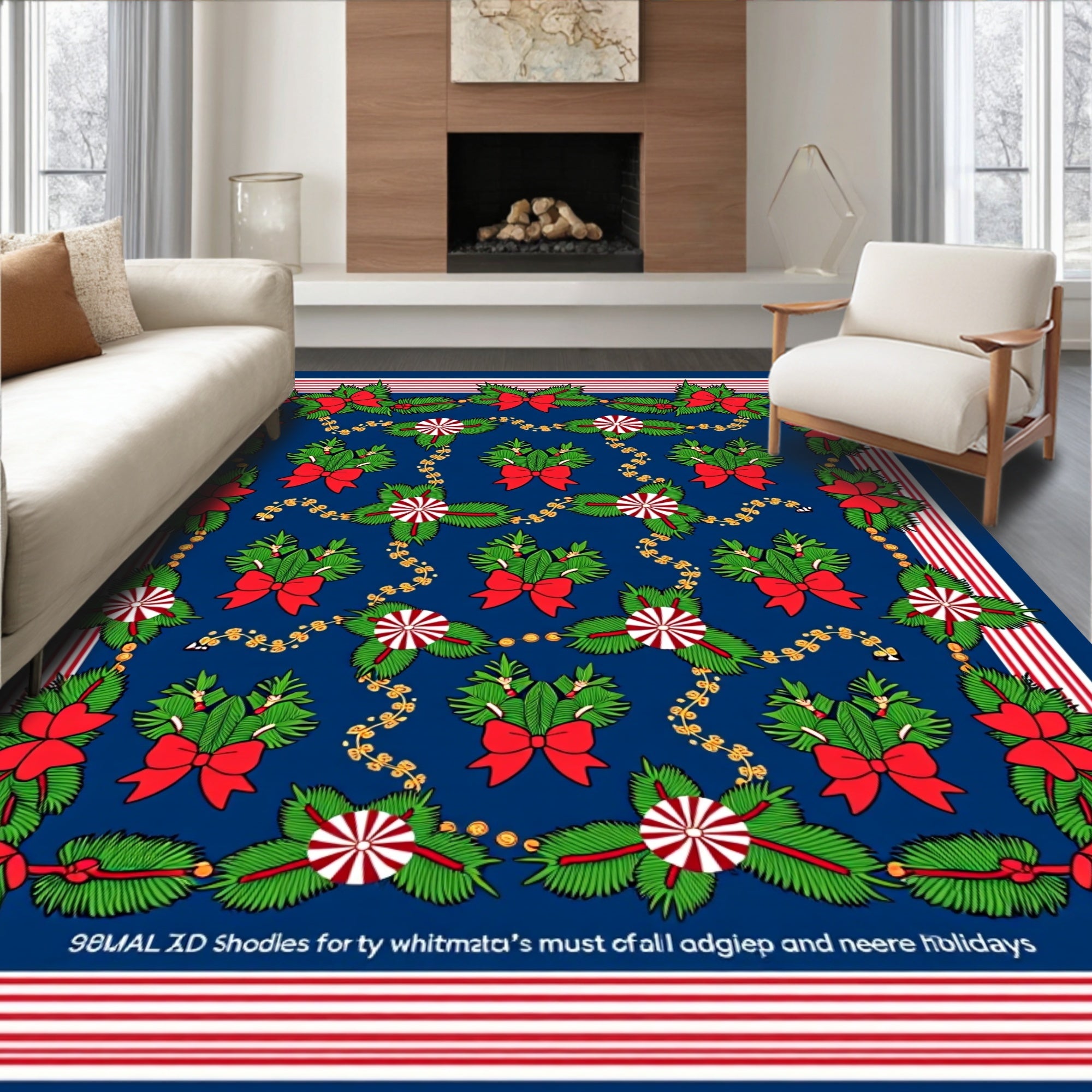 Festive Red Bow Green Pine Garlands Rug