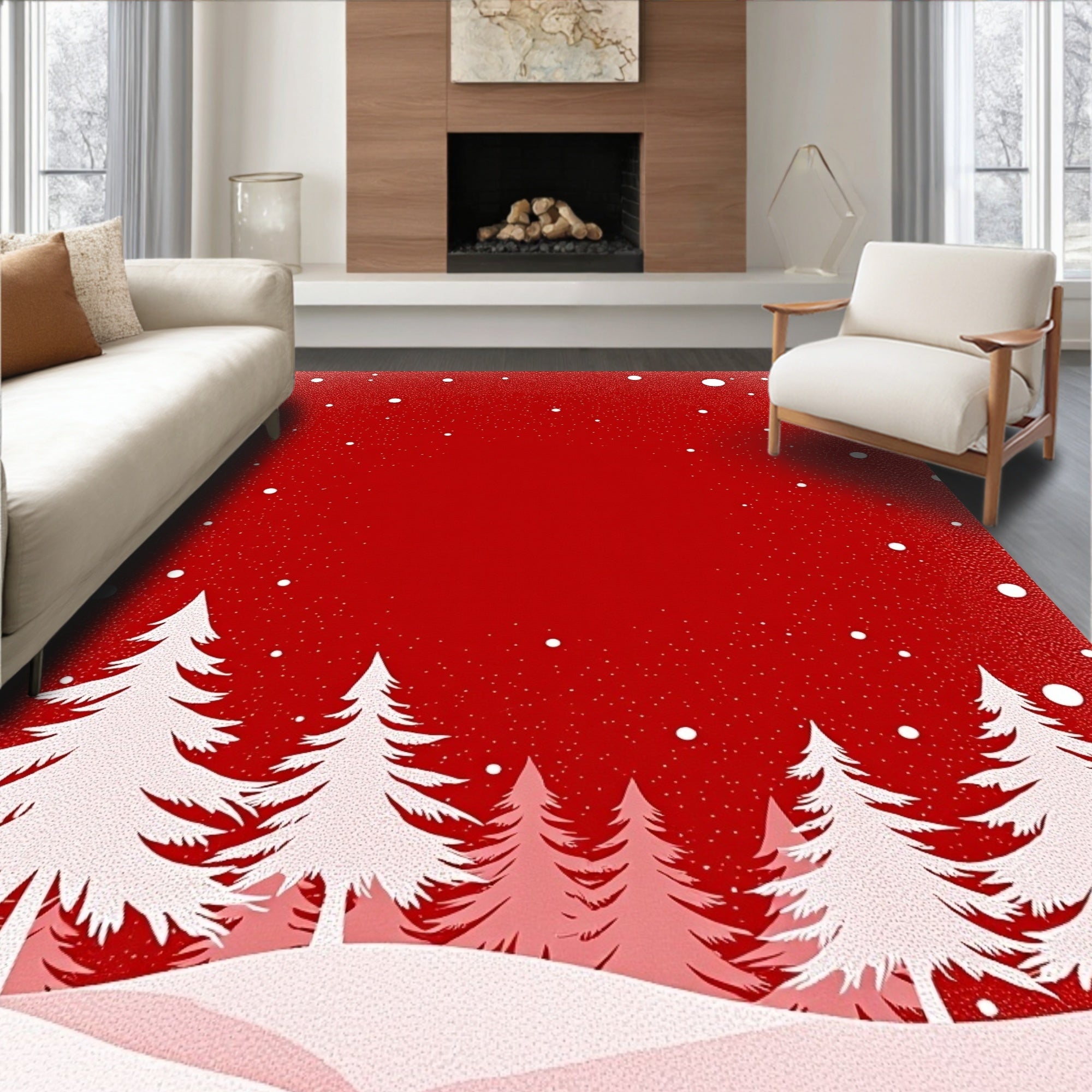 Whimsical White Forest Snowy Red Rug