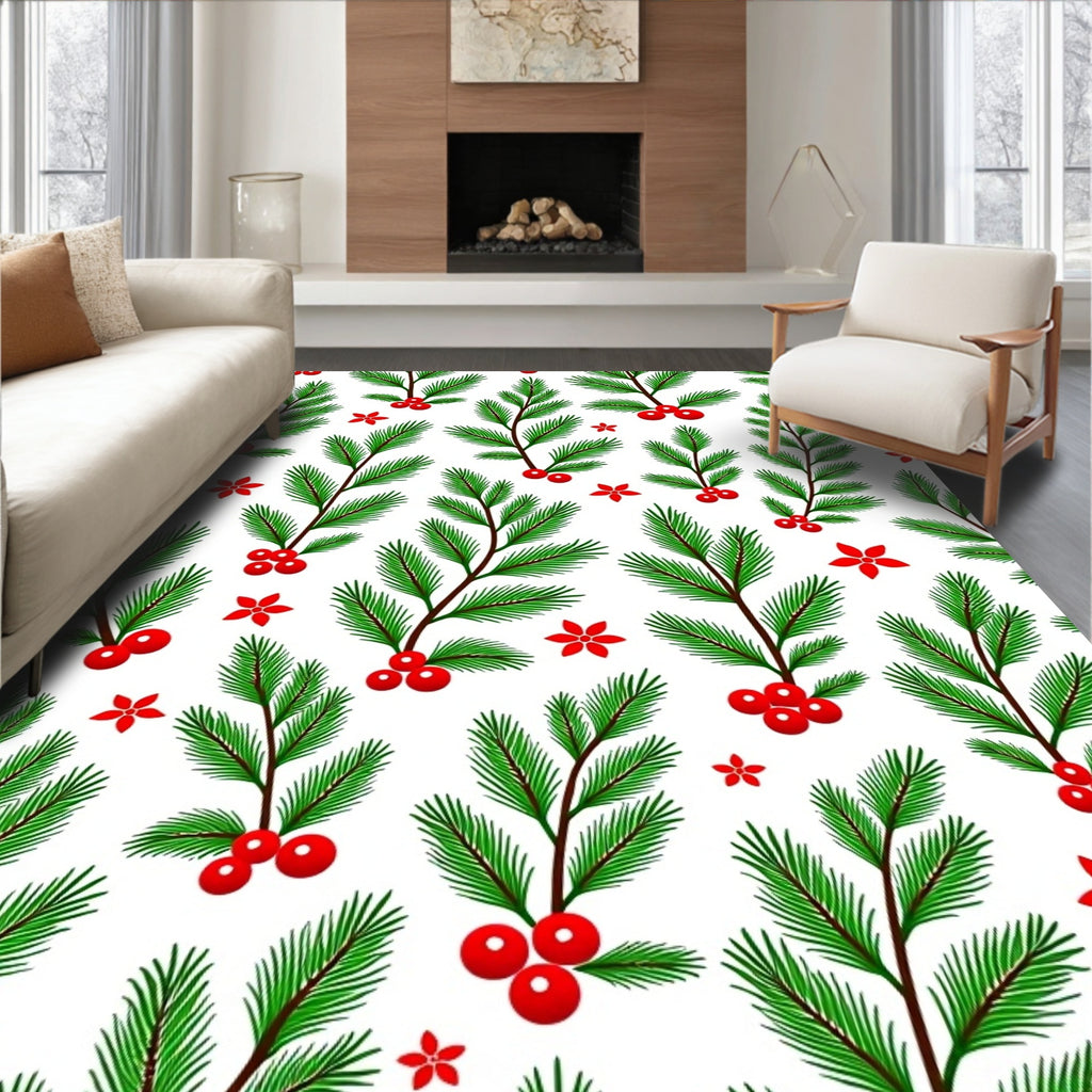 Christmas Holly Berry Pine Branch Rug