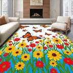 Orange Monarch Butterflies Yellow Red Flowers Rug