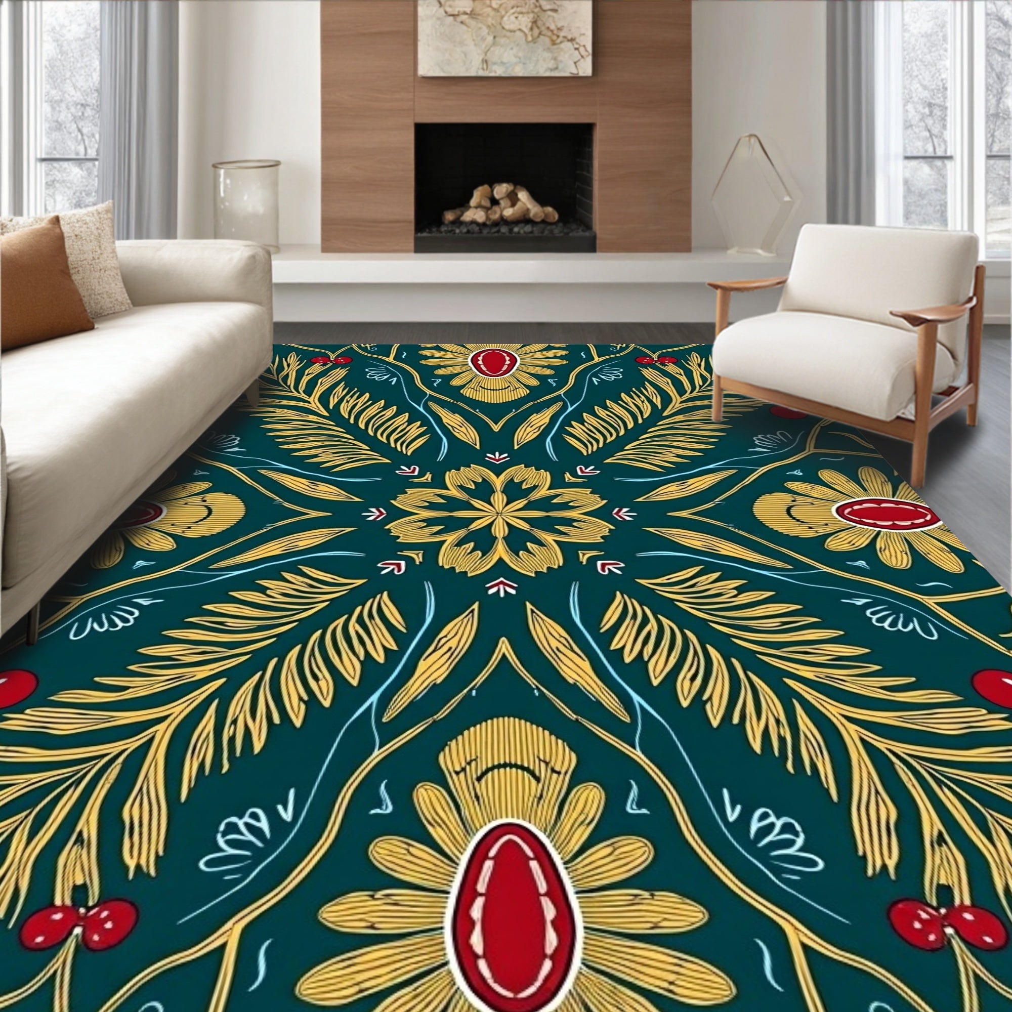 Emerald Golden Floral Medallion Ornament Rug