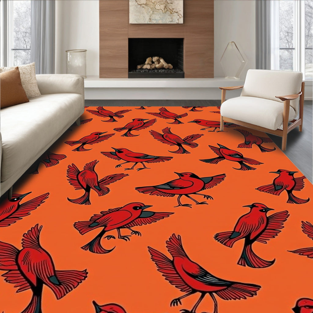 Crimson Bird Flock Orange Background Rug