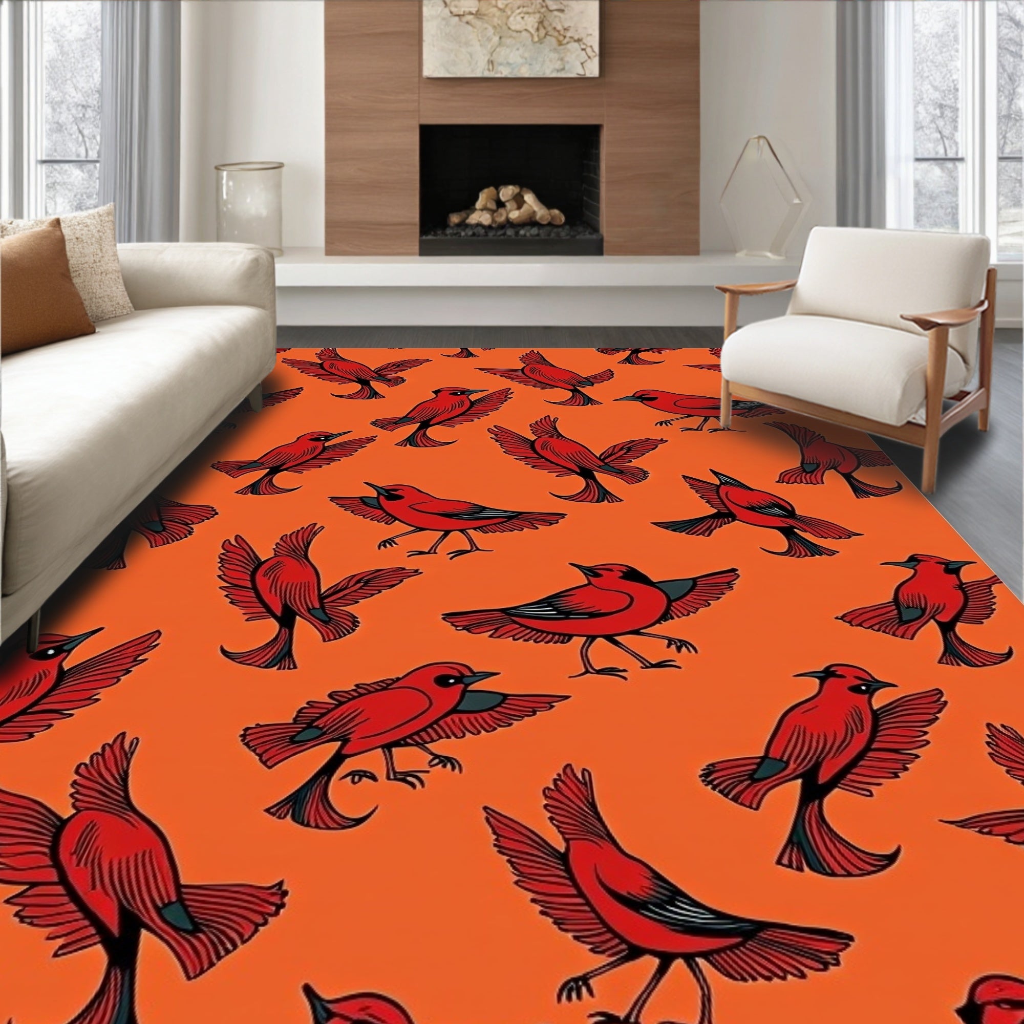 Crimson Bird Flock Orange Background Rug