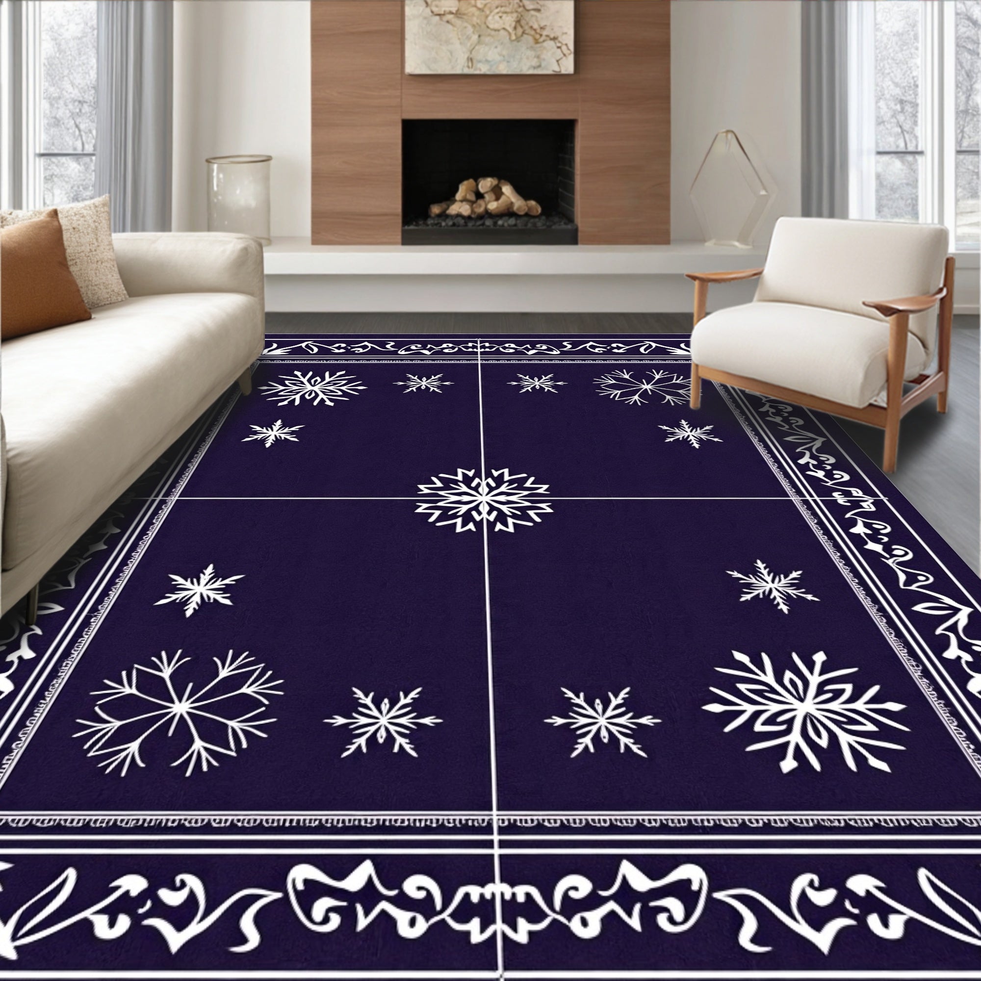 Deep Indigo Snowflake Vintage Border Rug