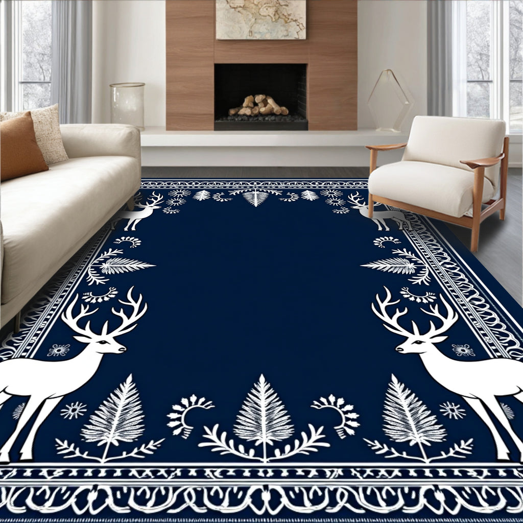 Deep Blue White Stag Forest Border Rug