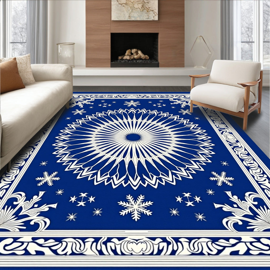 Royal Blue White Snowflake Medallion Rug