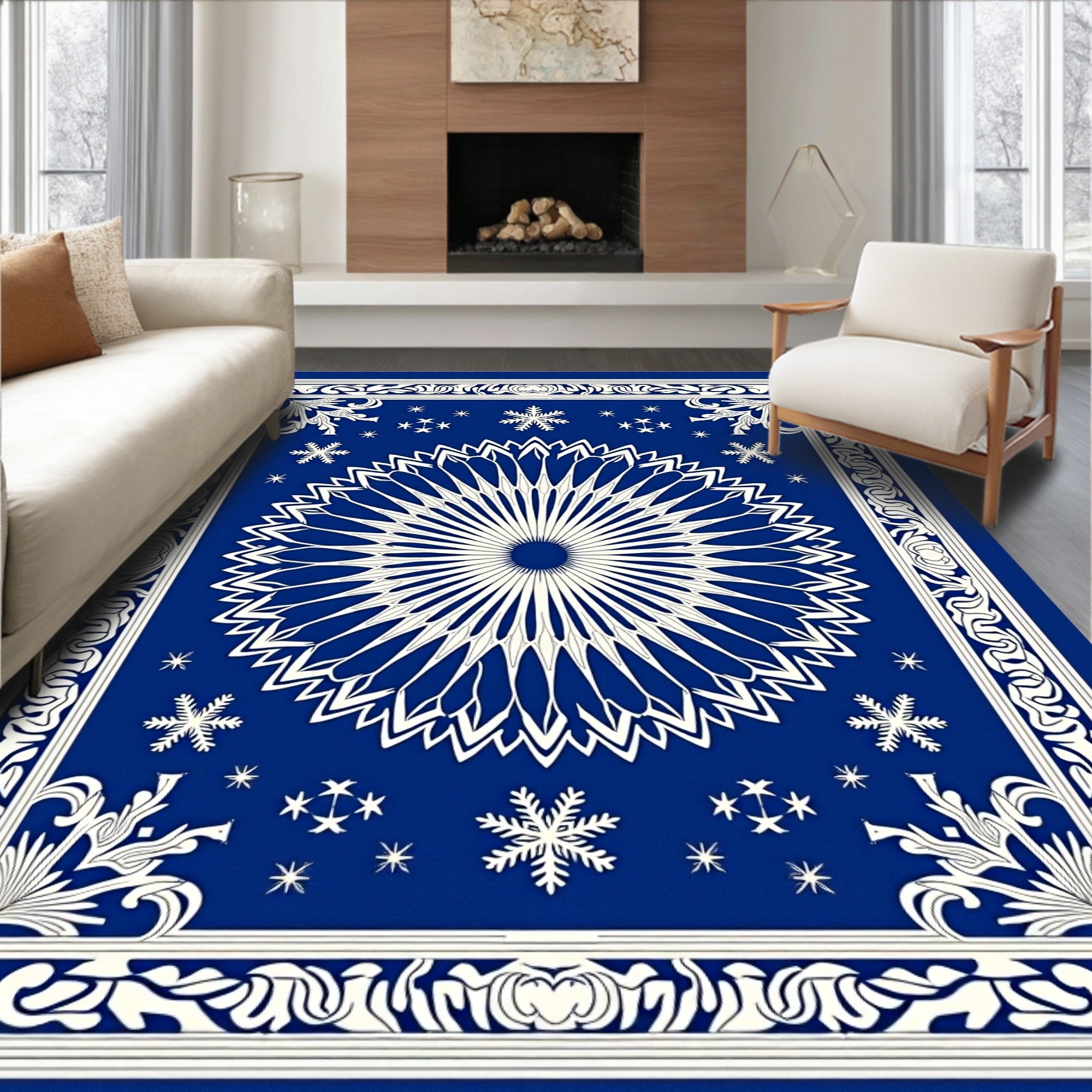 Royal Blue White Snowflake Medallion Rug