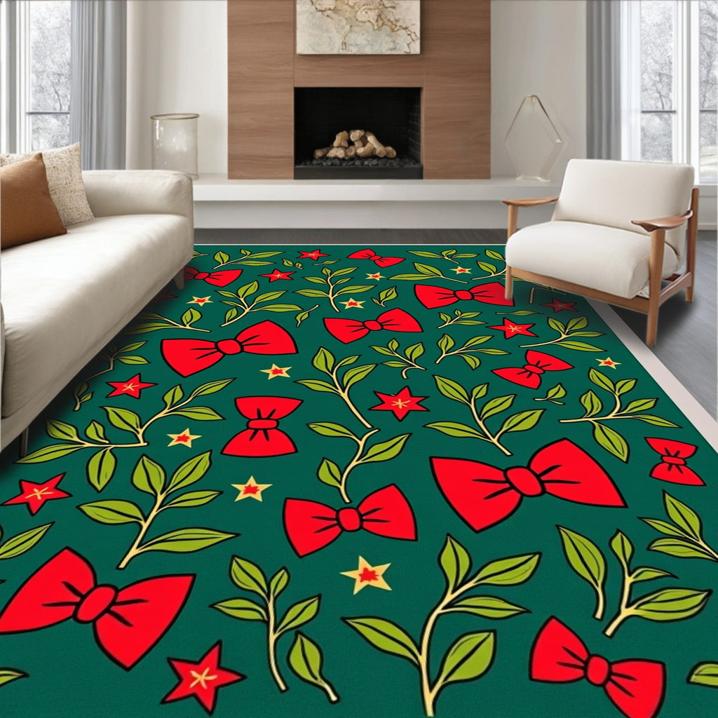 Festive Red Bows Green Foliage Stars Rug