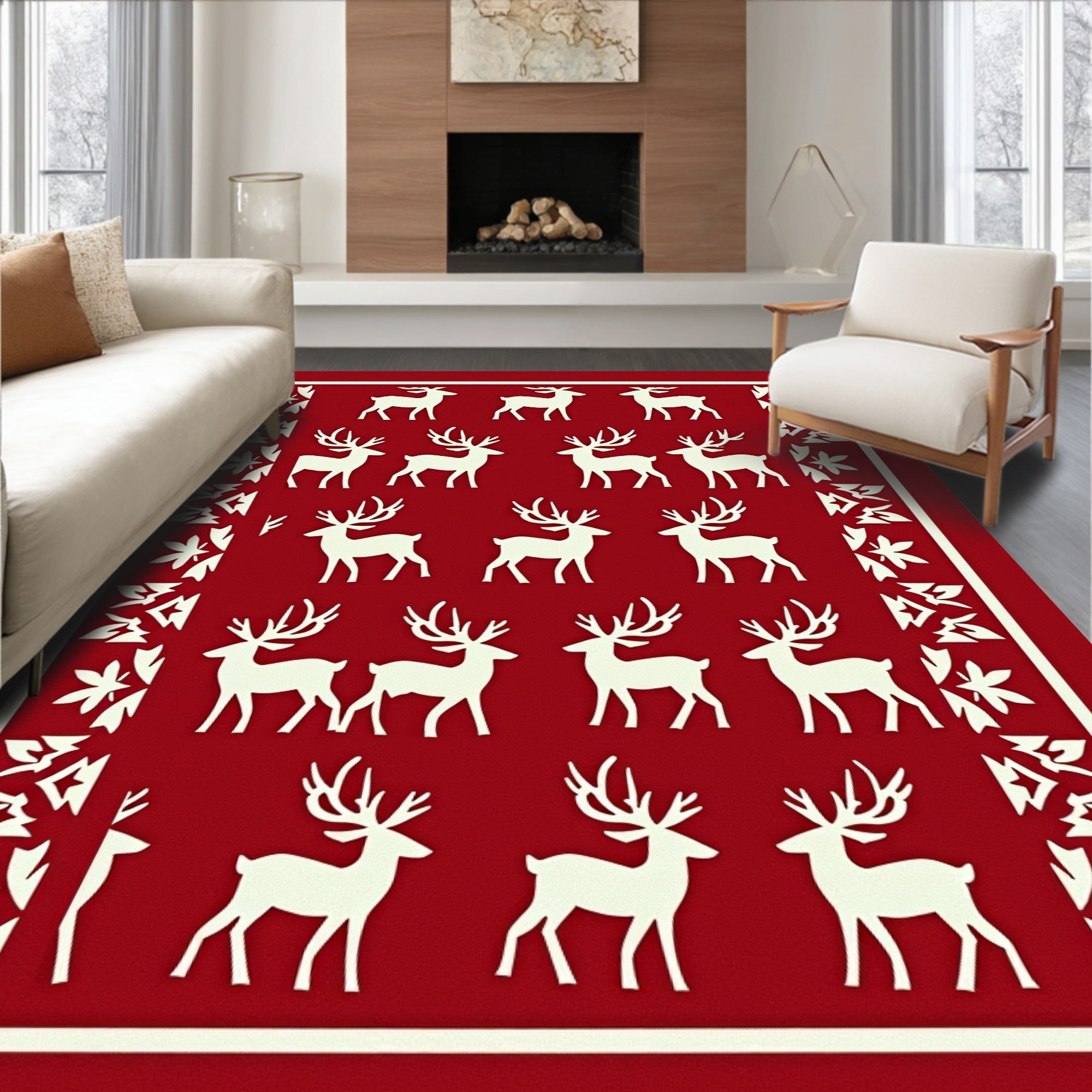 Crimson Red Deer Forest Border Rug