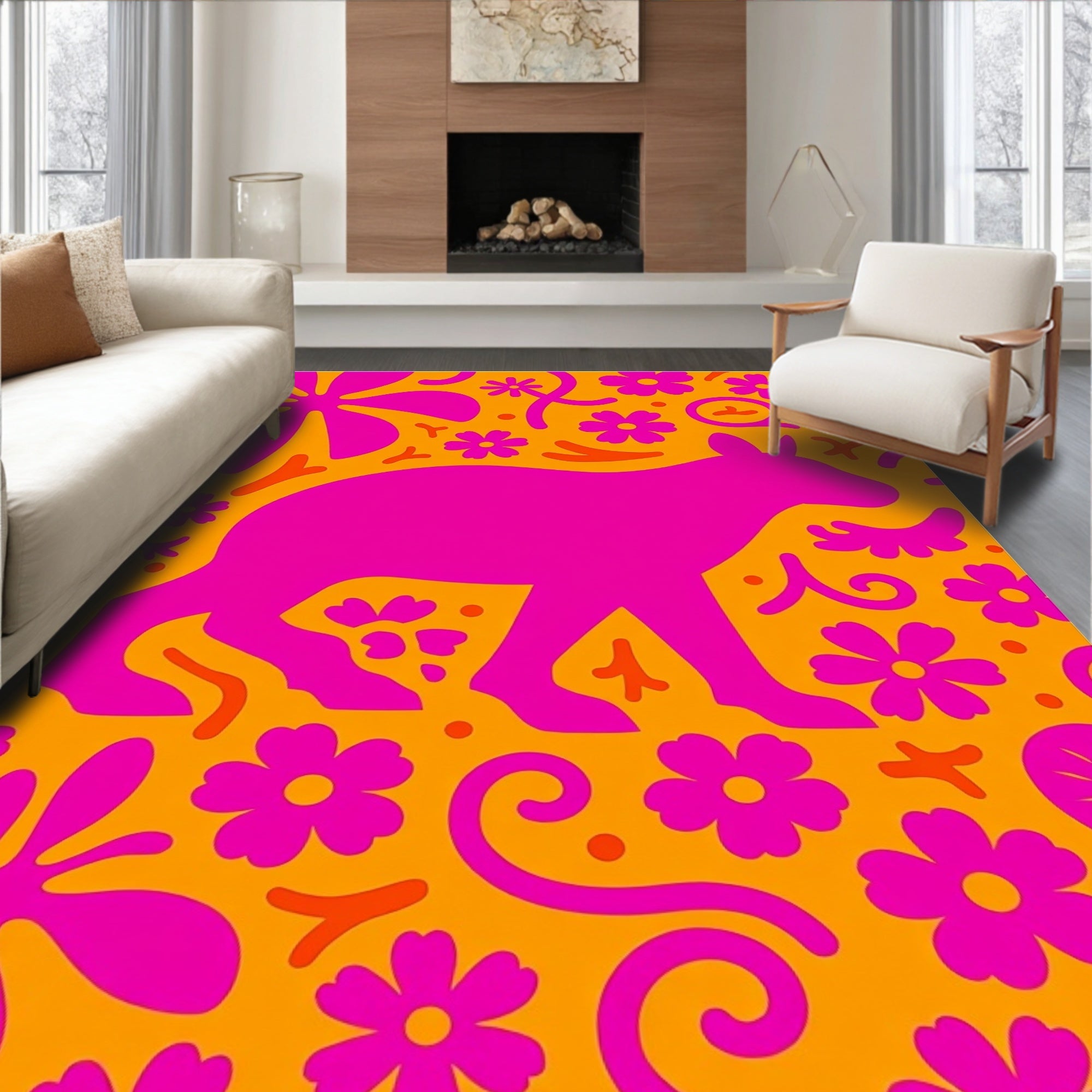 Vibrant Pink Llama Floral Whimsical Rug