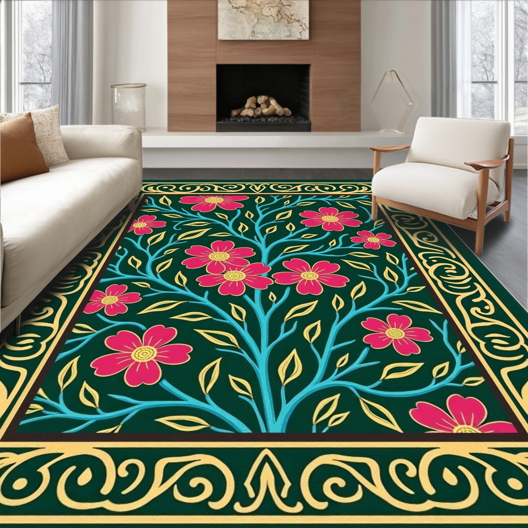 Emerald Green Floral Scroll Rug