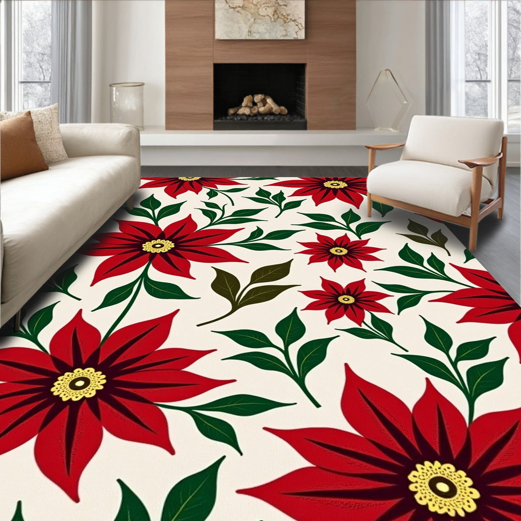 Red Poinsettia Floral Cream Background Rug