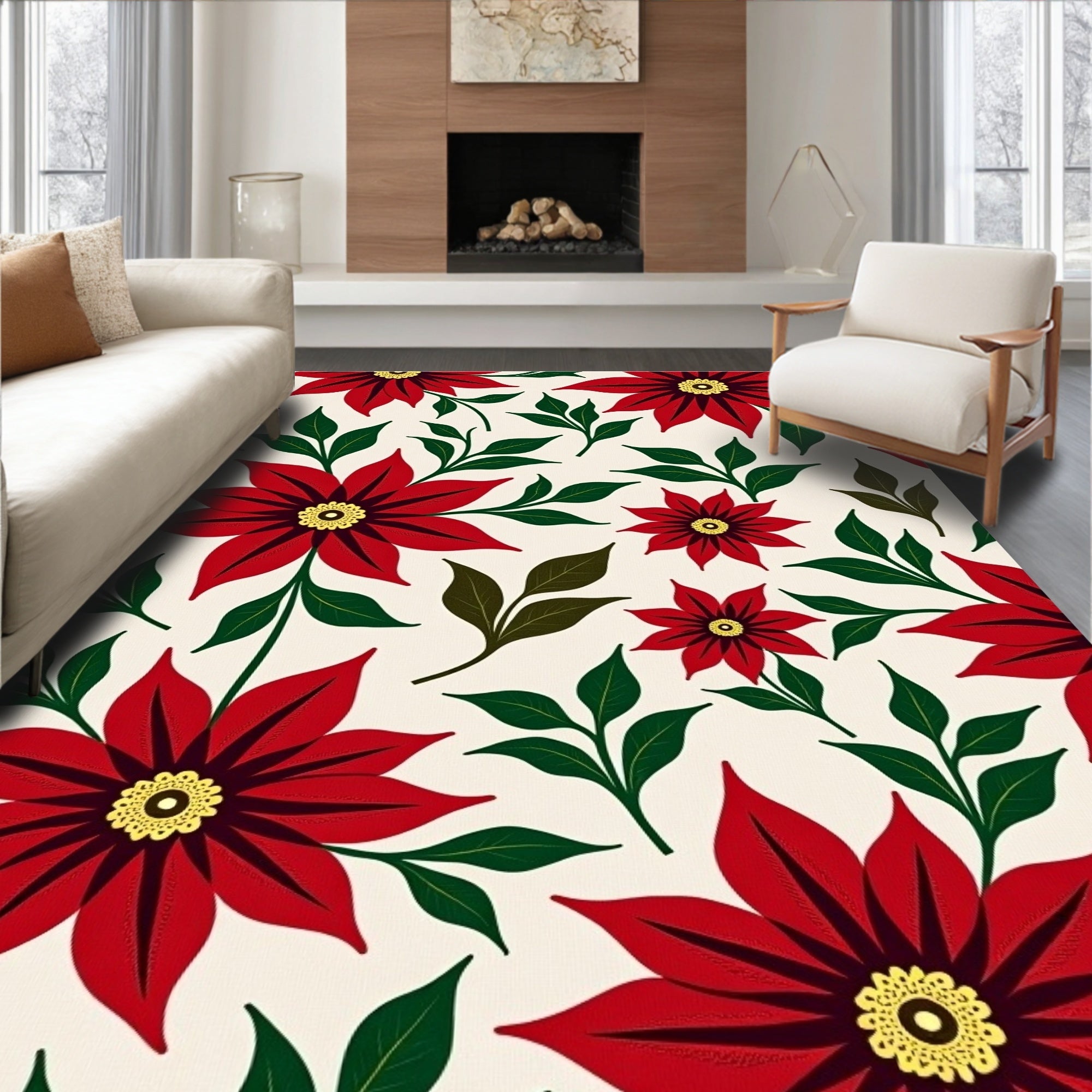 Red Poinsettia Floral Cream Background Rug