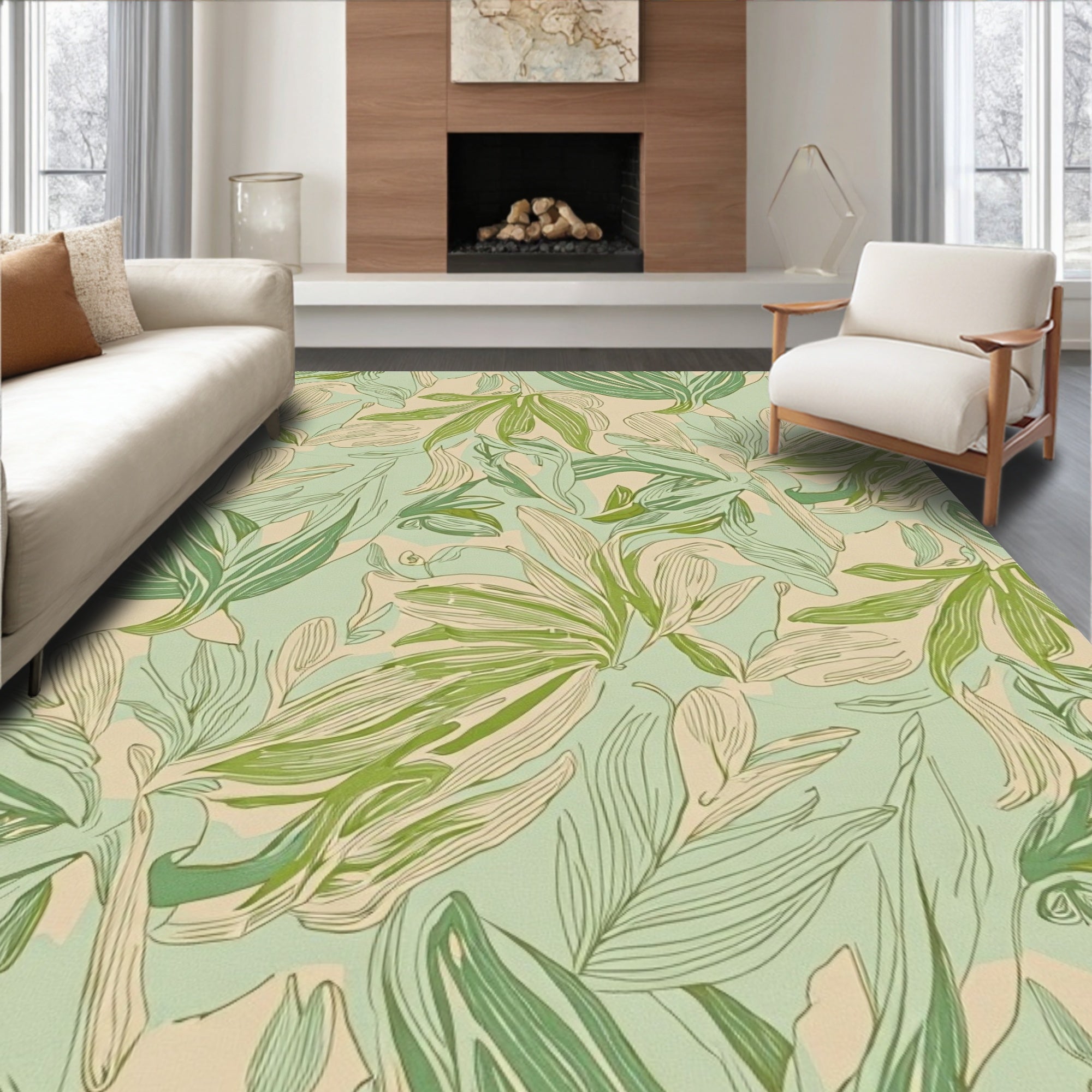 Green Linen Leaf Scatter Rug