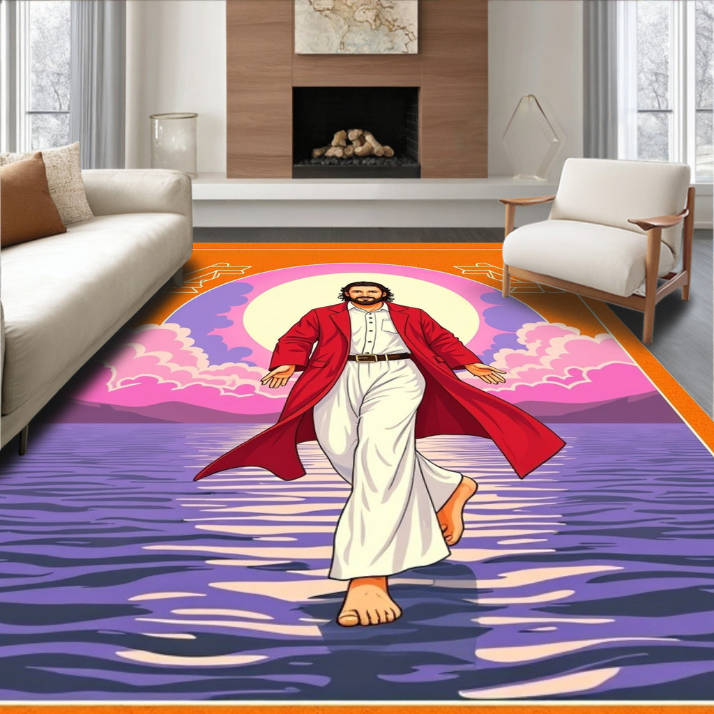 Bold Red Figure on Water Background Rug