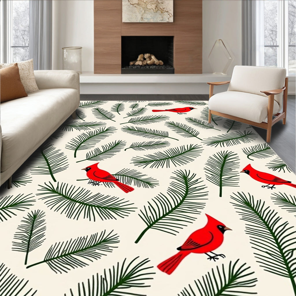 Red Cardinals Green Pine Sprigs Rug