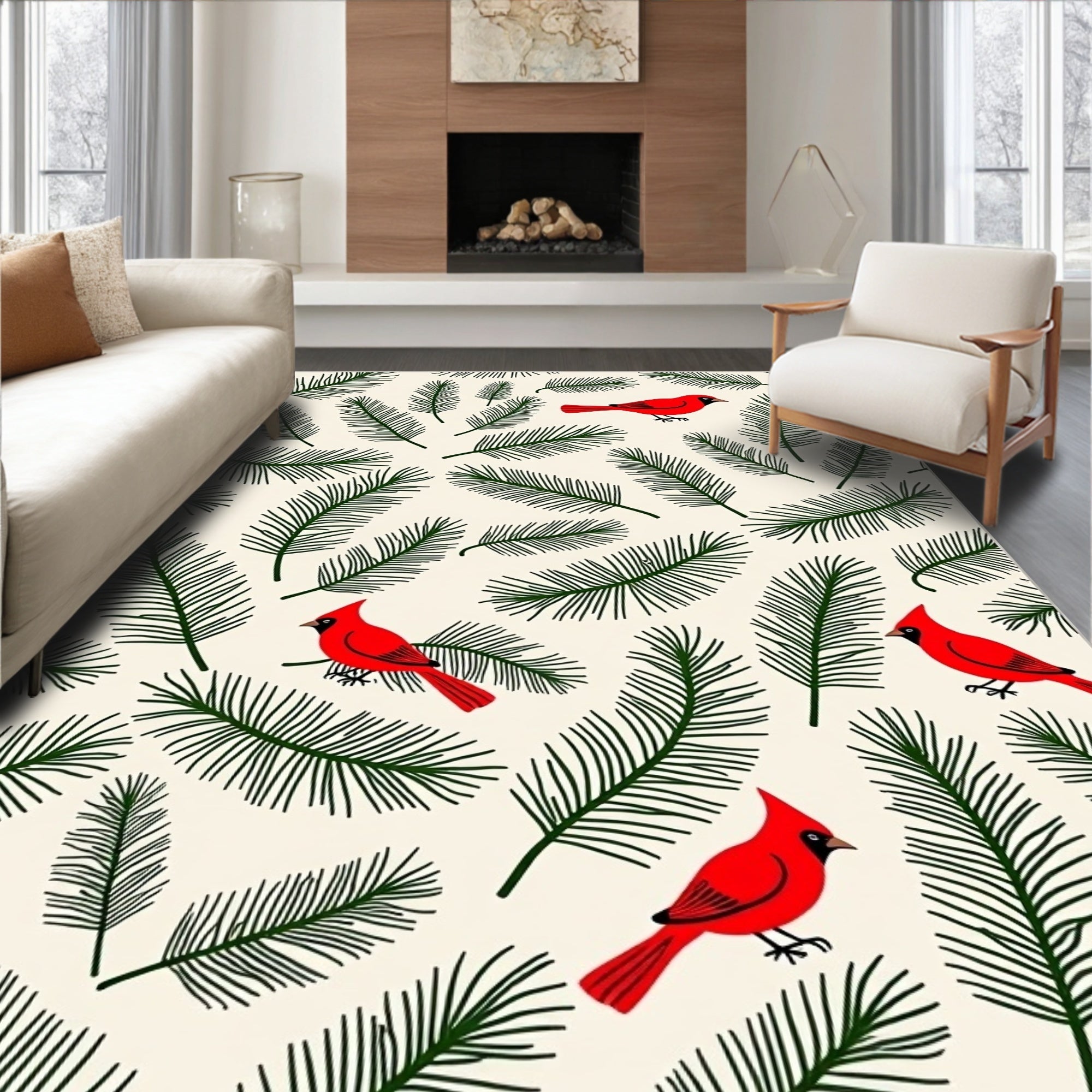 Red Cardinals Green Pine Sprigs Rug