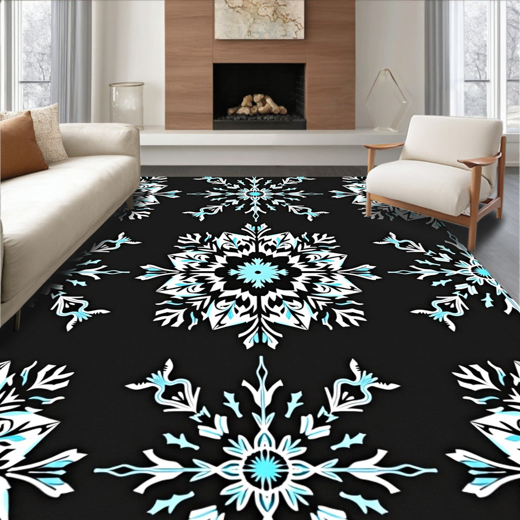 Black Snowflake Blue Abstract Rug