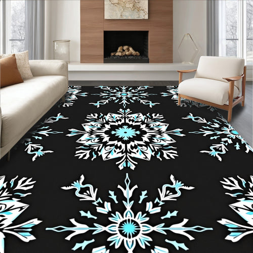 Black Snowflake Blue Abstract Rug