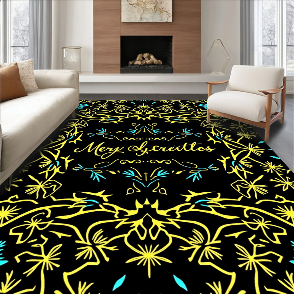 Yellow Teal Floral Scrollwork Medallion Rug
