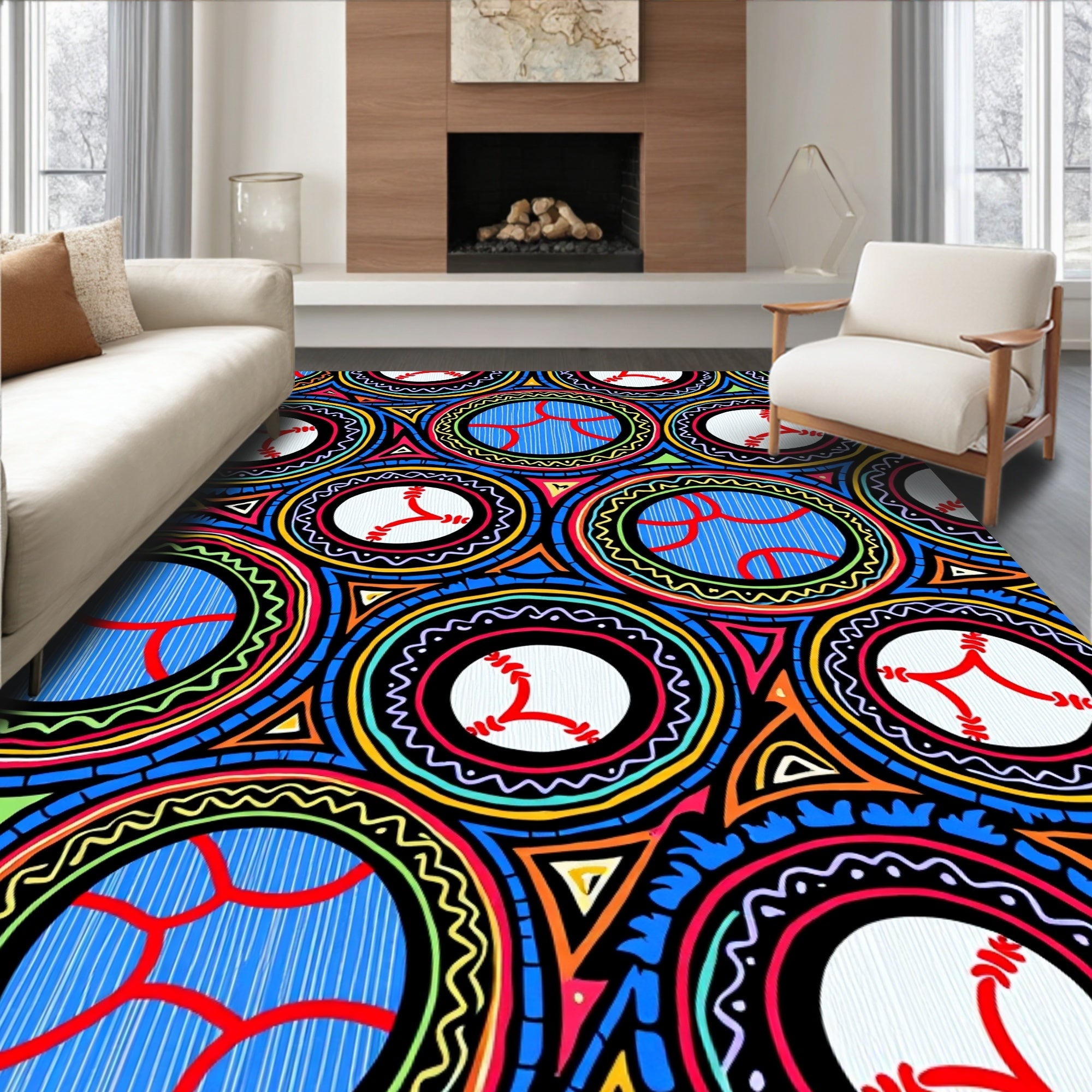 Colorful Circular Baseball Motif Rug