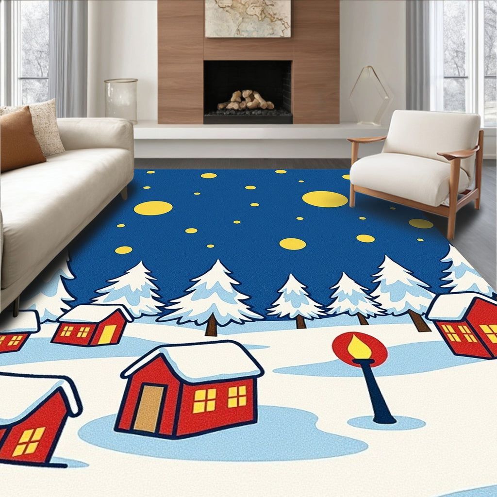 Cozy Snowy Village Yellow Stars Rug