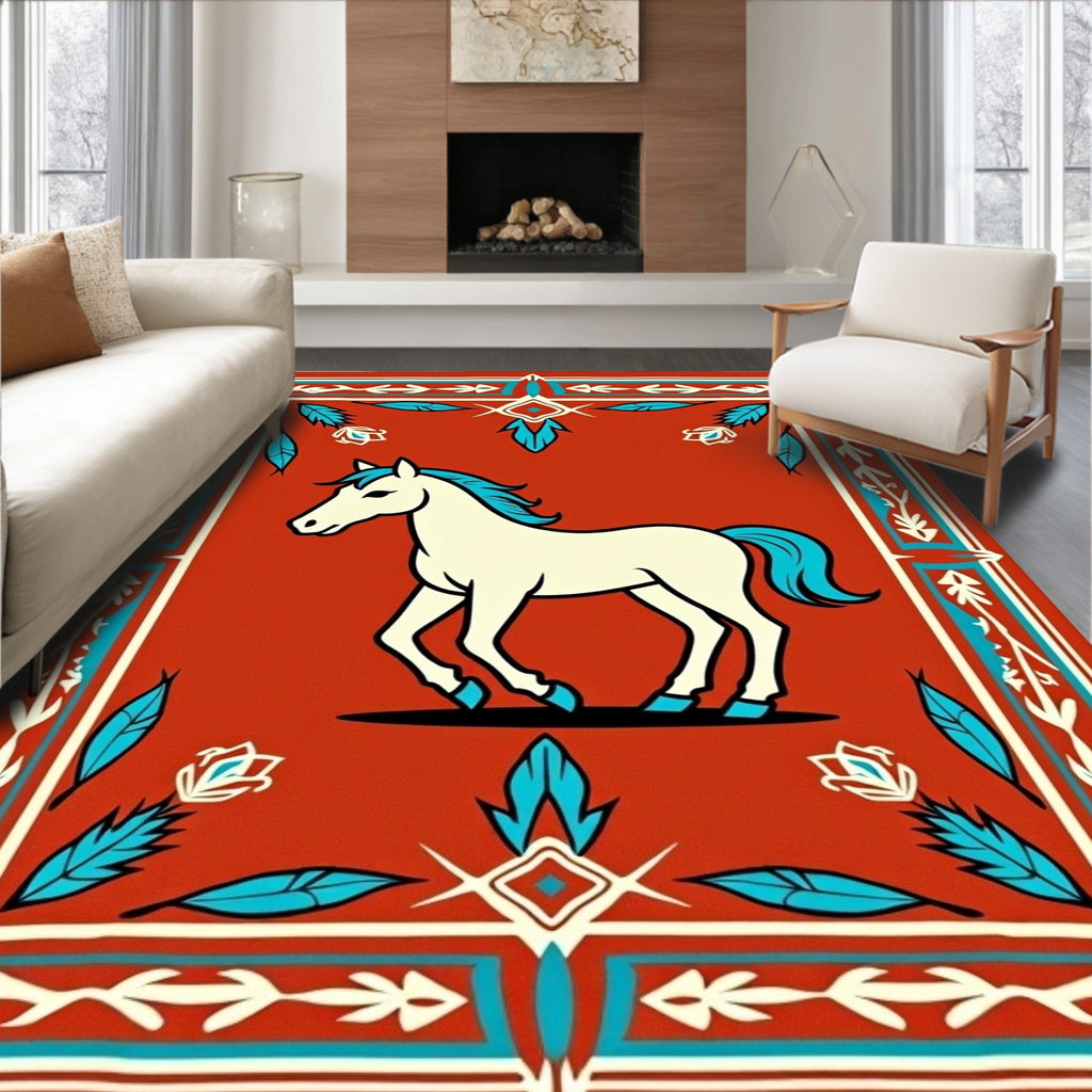 Cream Horse Crimson Teal Border Rug