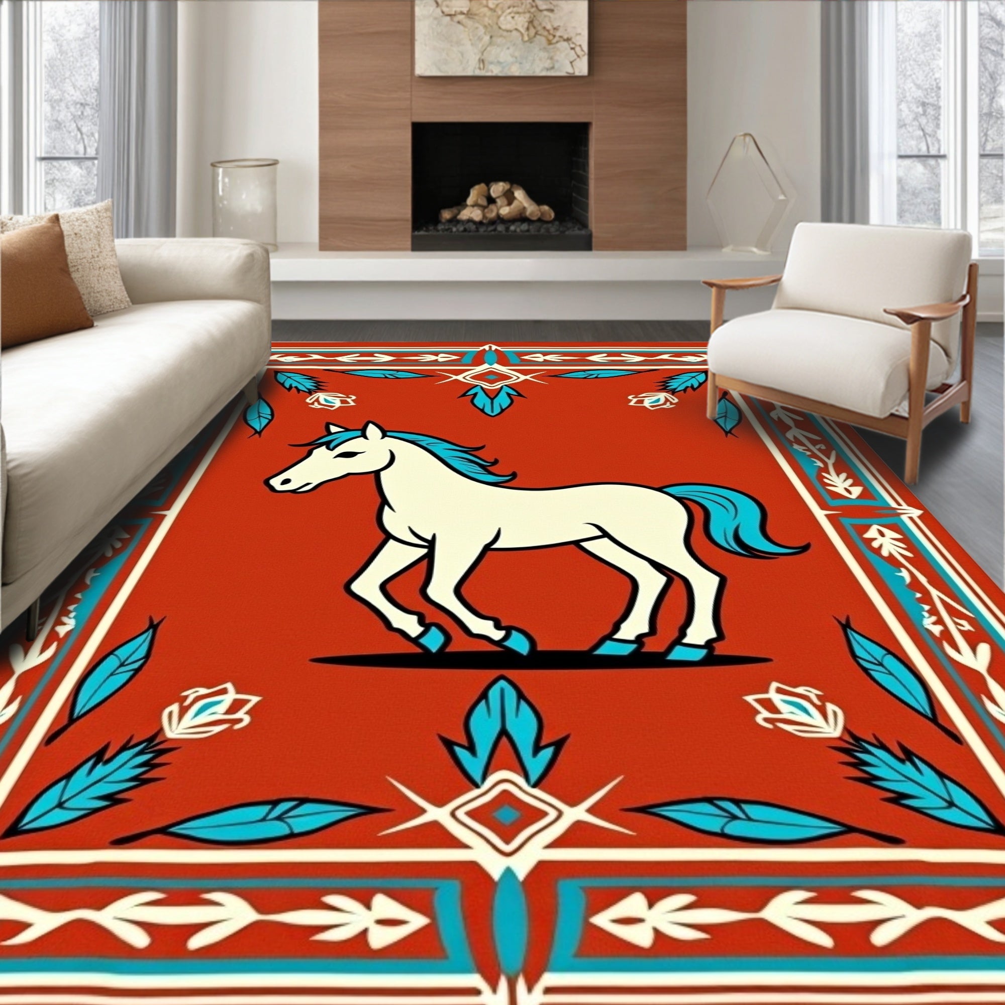 Cream Horse Crimson Teal Border Rug