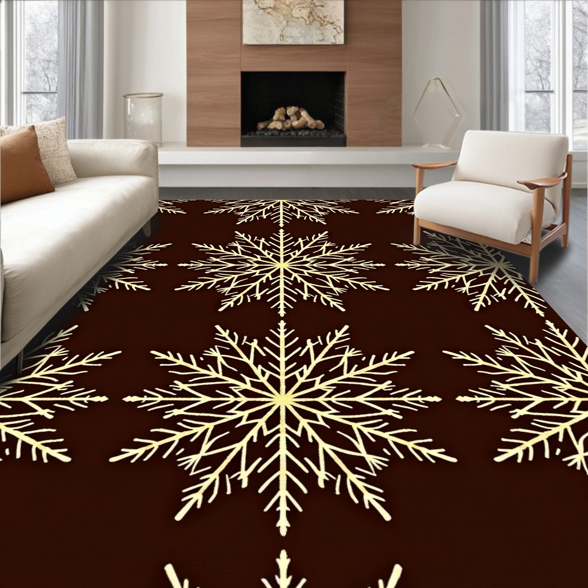 Golden Snowflakes on Dark Brown Background Rug