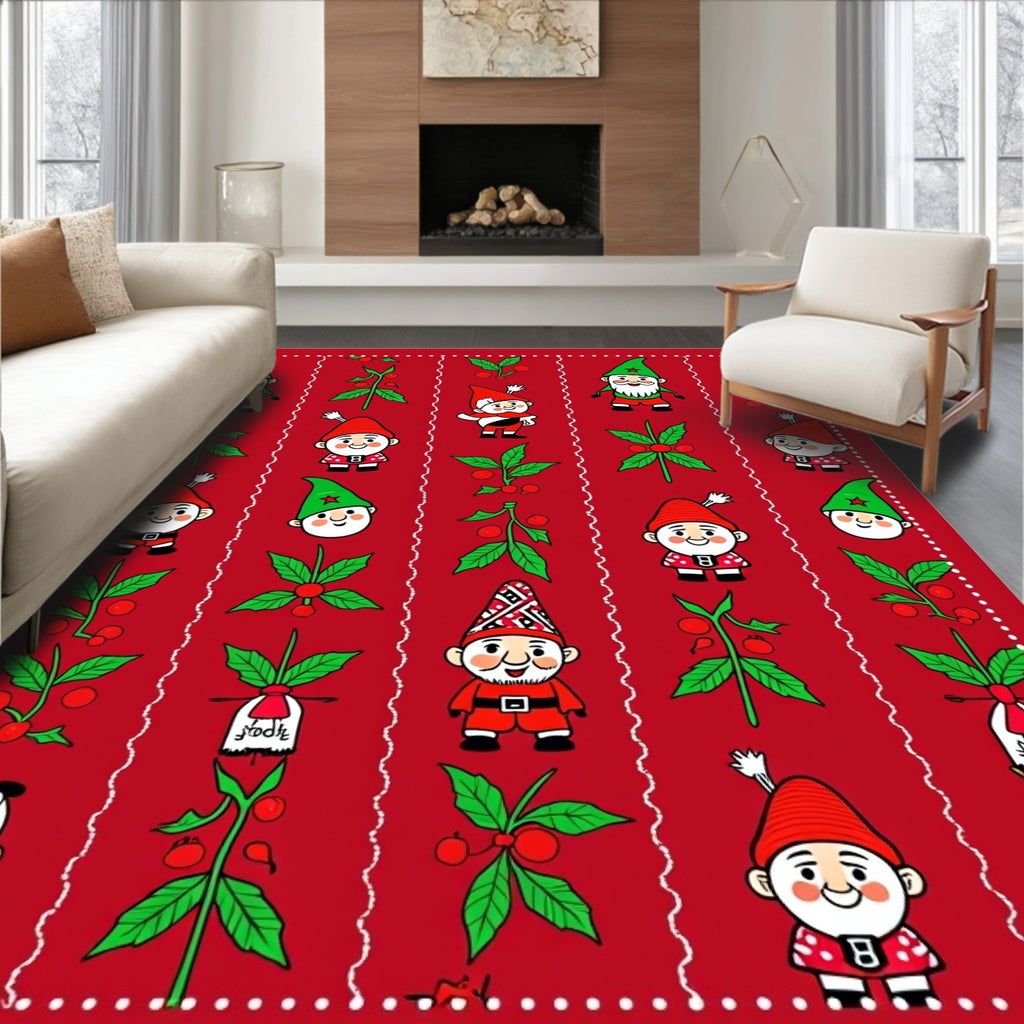 Red Festive Gnome Holly Berry Garland Rug