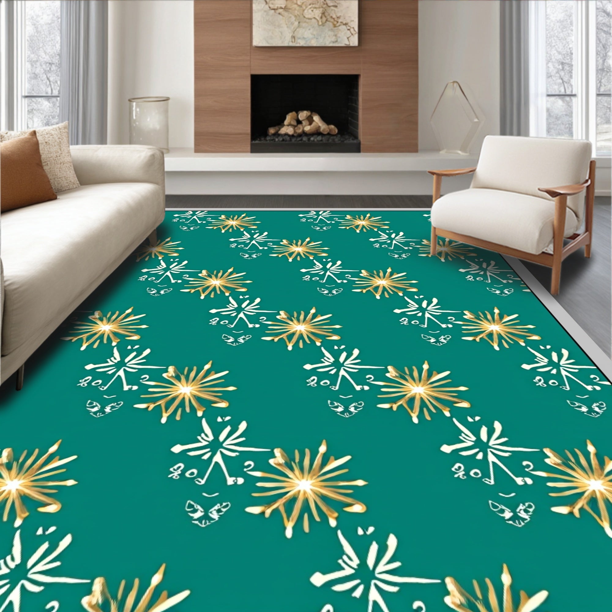 Teal Starburst and Abstract Face Rug