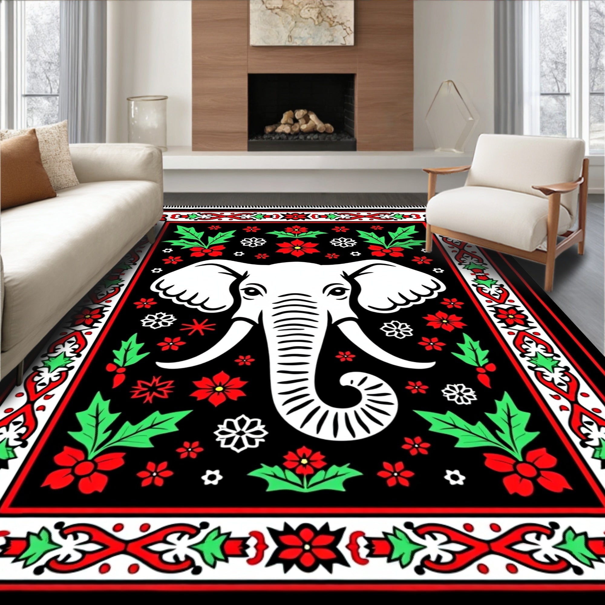 White Elephant Red Floral Border Rug